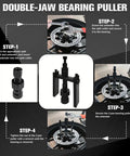 12-Piece Motorcycle Bearing Puller Kit With Slide Hammer, showing step-by-step guide for double-jaw bearing extraction.