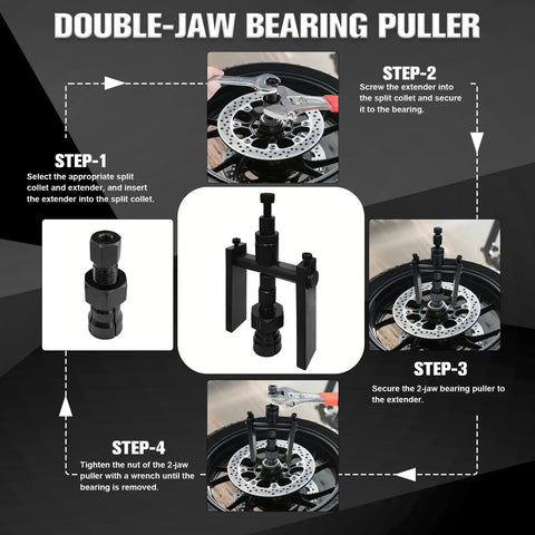 12-Piece Motorcycle Bearing Puller Kit With Slide Hammer, showing step-by-step guide for double-jaw bearing extraction.