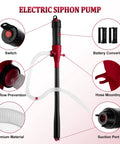 Electric siphon pump features switch, suction port, and battery converter for easy fluid transfer. Skip The Grunt Work With This Smooth Battery Operated Electric Liquid Transfer Pump That Moves Gas Coolant And Solvents Like A Dream For Easy Outdoor Or Shop Fluid Handling Today.