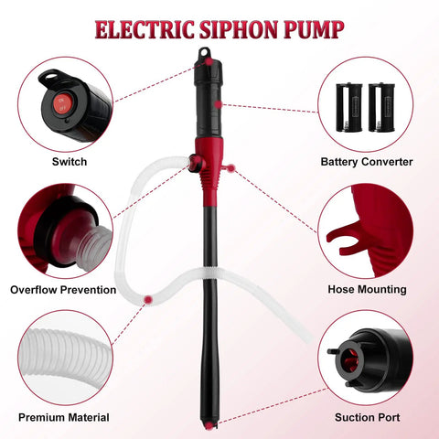 Electric siphon pump features switch, suction port, and battery converter for easy fluid transfer. Skip The Grunt Work With This Smooth Battery Operated Electric Liquid Transfer Pump That Moves Gas Coolant And Solvents Like A Dream For Easy Outdoor Or Shop Fluid Handling Today.