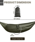 Cozy Hammock Underquilt Protector Water Resistant Cover with dimensions 102"x53", OD Green, showcasing packed size and weight.