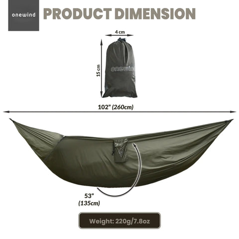 Cozy Hammock Underquilt Protector Water Resistant Cover with dimensions 102"x53", OD Green, showcasing packed size and weight.