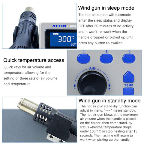 800W Hot Air Gun Soldering Station With LCD Display showing 300°C, close-up of adjustable airflow and temperature controls.