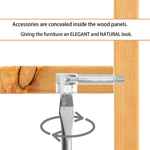 Heavy Duty Self Tapping Furniture Cabinet Connector Kit Featuring Zinc Plated Cam Locks and Precision Steel Dowels with Pro Grade Hardware for smooth install showcasing concealed hardware inside wood panels.