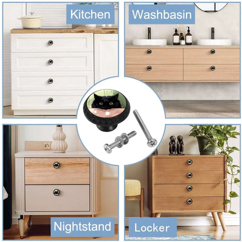 4 Pack Cartoon Black Cat Cabinet Knobs Set showcased on various furniture