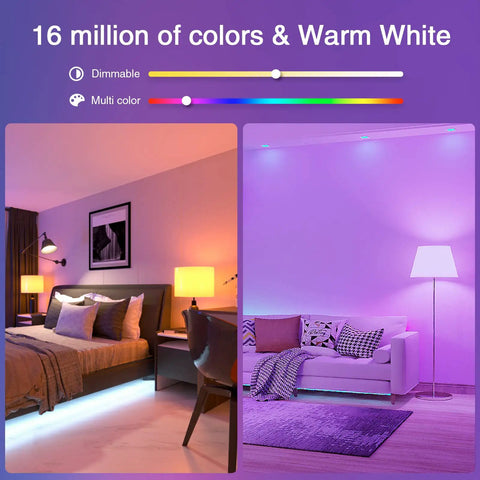 Dope Smart RGB LED Bulbs A19 E26 Dimmable Color Changing 800 Lumen Lights With Alexa Google Home App And Voice Control 2 4Ghz WiFi Only Warm White 2700K 6 Pack, showing living room and bedroom lighting scenes