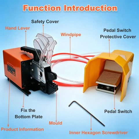 PioMue Air Powered Pneumatic Crimping Tool For Wire Terminal Machines With Nine Replaceable Dies For Up To 16mm Squares showing function introduction with components labeled.