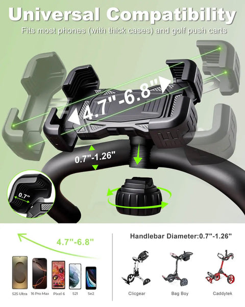 Kick Back And Play With This Hella Secure Golf Push Cart Phone Holder Mount featuring universal compatibility for 4.7-6.8 inch phones.