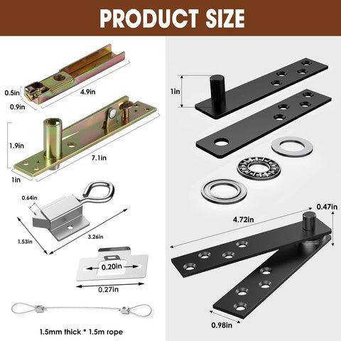 Diagram showing dimensions of hidden bookcase pivot hinges with concealed wire passage for your secret Murphy door DIY kit.