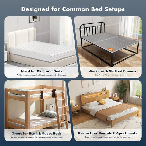 Queen Size Bunkie Board Gray 10mm Low Profile Base For 60X80 Inch Mattresses shown under various bed setups.