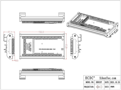 Engineering schematic of DIN Rail Mount Pinout Breakout Terminal Block Module for Arduino Mega 2560 R3 and Due, industrial wiring hub