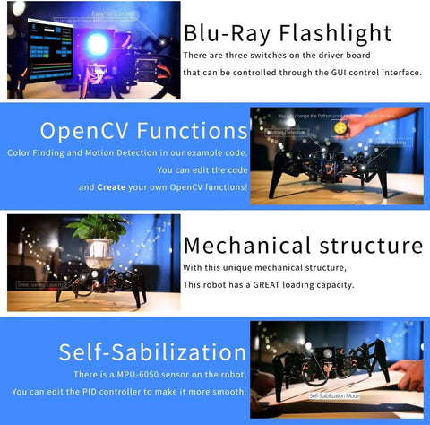 Bionic Quadruped Spider Robot Kit For Raspberry Pi 4 Or 3 B Plus Hands On OpenCV Object Tracking Self Stabilizing MPU6050 Gyro Sensor Remote GUI Control STEM Crawling Robot With PDF Manual, black spider robot shown with GUI and OpenCV demo views