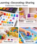 Kid Approved 110 Pieces Translucent Counting Bears With Heavy Duty Plastic Jar Color Sorter in sensory bin for hands-on learning.