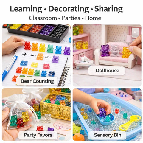 Kid Approved 110 Pieces Translucent Counting Bears With Heavy Duty Plastic Jar Color Sorter in sensory bin for hands-on learning.