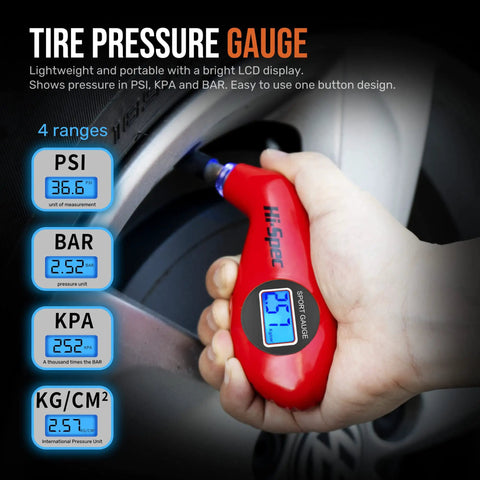 Hand holding digital tire pressure gauge from 65 Piece Compact Auto Garage Tool Kit with display showing 36.6 PSI.