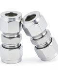 Two Lophtnix 304 stainless steel compression tube fitting unions with double ferrules, 3/8 in. OD