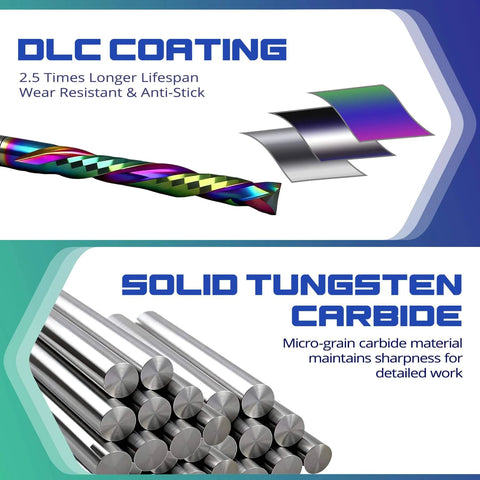 Compression CNC Router Bits With DLC Coating For Precision Milling, 1/8 Inch Shank showing DLC Coating and Tungsten Carbide