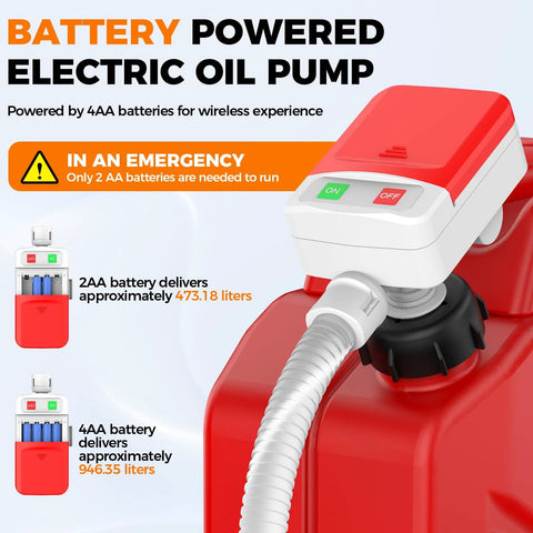 Portable Fuel Transfer Pump With Auto Stop Sensor Prevents Spills attached to red fuel container, showing battery compatibility