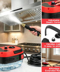 Beast 2500W Handheld Steam Cleaner With Pressurized 105C Steam cleaning kitchen range hood; insert shows adjustable steam control.