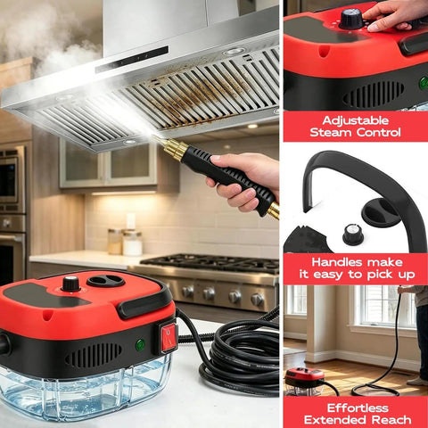 Beast 2500W Handheld Steam Cleaner With Pressurized 105C Steam cleaning kitchen range hood; insert shows adjustable steam control.