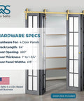 Gold Finish Bifold Barn Door Hardware Kit For 64 Inch Closet Pro Grade Heavy Gauge Aluminum Sliding Bi Fold Track System For Four 15 Inch Panels Includes Four Rollers And Matching Knobs Hardware Only with specs and partially open door panels.