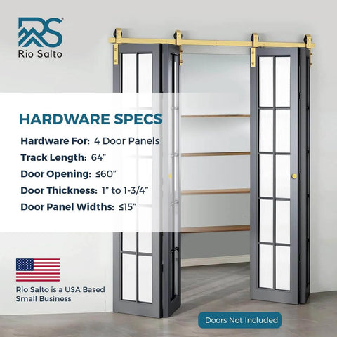 Gold Finish Bifold Barn Door Hardware Kit For 64 Inch Closet Pro Grade Heavy Gauge Aluminum Sliding Bi Fold Track System For Four 15 Inch Panels Includes Four Rollers And Matching Knobs Hardware Only with specs and partially open door panels.