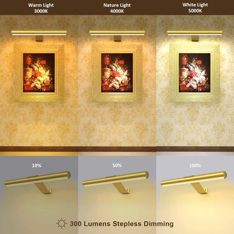 Wireless Picture Light For Artwork With Remote And Rechargeable Battery, Full Metal Body, 300 Lumen Brightness, Gold Finish