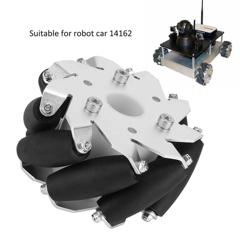 Close-up of 100mm Mecanum wheels for robot cars with aluminum frame and rubber rollers, suitable for omnidirectional mobility.