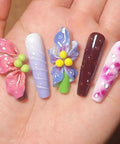 Five colorful 3D gel nail art designs showcasing flower patterns from 3D Gel For Nail Art Builder Kit All In One Nail Extension Gel Set.
