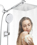 Woman using 10-Inch Ultra-Thin Stainless Steel Rainfall Showerhead With 3-Way Diverter and handheld shower in spa-like bath