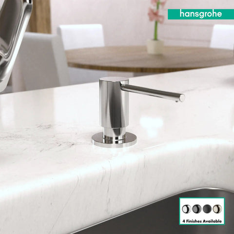 Focus Series 3 Inch Soap Dispenser For Bath And Kitchen Sink Chrome Finish Modern Countertop Pump With 16 Oz Refillable Bottle Above Counter Height Two And Three Quarters Inches Durable Chrome Look Easy Refill on a marble countertop