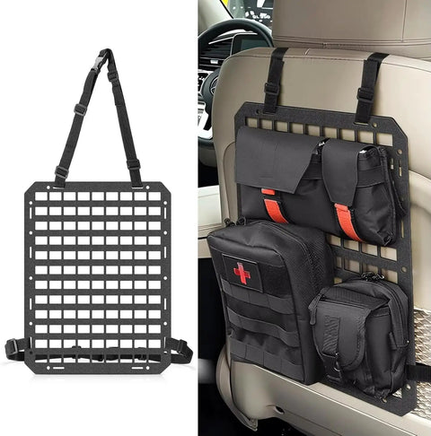 Heavy Duty Molle Panel For Car Seat Back Organizer Storage Rack Compatible With Tesla Cybertruck Accessories, 43x33 cm, solid ABS polymer.