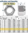 Three Eighths Inch 16 Thread Nylon Insert Lock Nuts Pack Of 35 In 304 Stainless Steel A2-70 Nylock Nuts dimensions chart