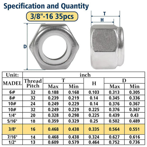 Three Eighths Inch 16 Thread Nylon Insert Lock Nuts Pack Of 35 In 304 Stainless Steel A2-70 Nylock Nuts dimensions chart