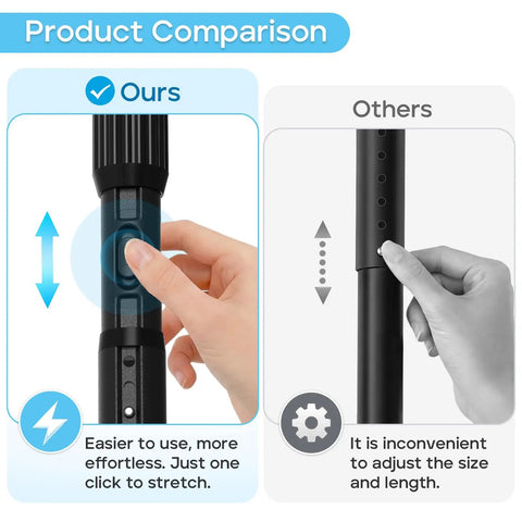 Comparison of no-drill adjustable tension curtain rod, showing easy adjustment feature versus conventional rod with difficulty.