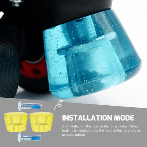 Roller Skate Toe Stops And Plugs Set For Quad And Inline Skates, Wear Resistant Yellow Brake Heads With Screws, Replacement Parts And Gear For Easy Fixes And Smooth Stops shown in installation mode with blue brake head detail.