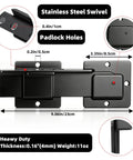 Easy As Pie Setup Heavy Duty 9 Inch Reversible Door Latch With Padlock Hole showing stainless steel swivel and gap adjustments.