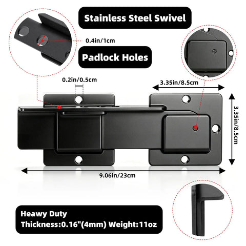 Easy As Pie Setup Heavy Duty 9 Inch Reversible Door Latch With Padlock Hole showing stainless steel swivel and gap adjustments.