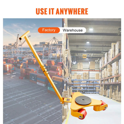 Heavy Duty Machinery Skate Dolly Moving Cart With 6614 Lbs Capacity Carbon Steel Frame Three Swivel Wheels in warehouse setting.