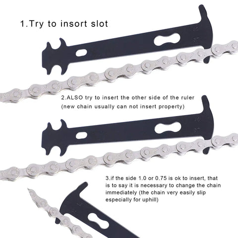 Bike Chain Removal Tool and Repair Kit for Cyclists, showing chain wear checker tool inserted into chain links.