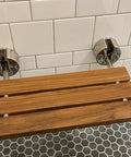 20 Inch Teak Shower Seat Fold Down Wall Mounted Chair with Chrome Hinges, Natural Unstained Teak Wood, Durable Bathroom Accessory