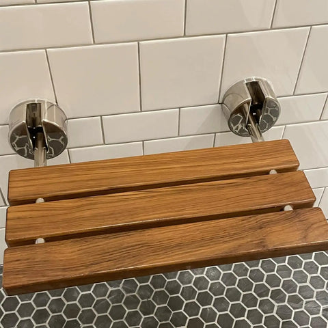 20 Inch Teak Shower Seat Fold Down Wall Mounted Chair with Chrome Hinges, Natural Unstained Teak Wood, Durable Bathroom Accessory