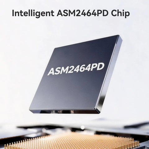 Blazing Fast 40Gbps NVMe M2 SSD Enclosure Handles Up To 8TB showing ASM2464PD chip detail in silver, designed for high performance.