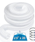 2.5 Inch Clear PVC Dust Collection Hose 20 Foot Long Flexible Tube With Carbon Steel Wire Reinforcement For Woodworking Dust Collector System Shop Ready See Through Design Includes 4 Hose Clamps coiled next to four hose clamps