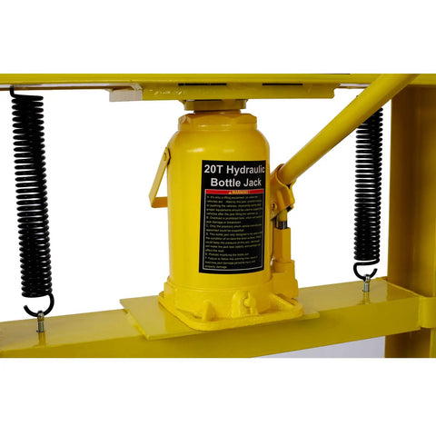 Heavy Iron 20 Ton Hydraulic Shop Press Solid Steel Bottle Jack, yellow 20T unit, used for bending auto parts.
