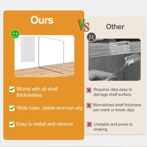 Comparison of top rated shelf dividers for closets and dressers; clear acrylic insert shows stability features.