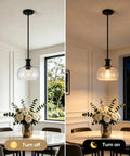 puncoll 2 PK 9 Inch Modern Black Clear Glass Pendant Light hanging in dining room, showcasing clear glass shade and black finish.