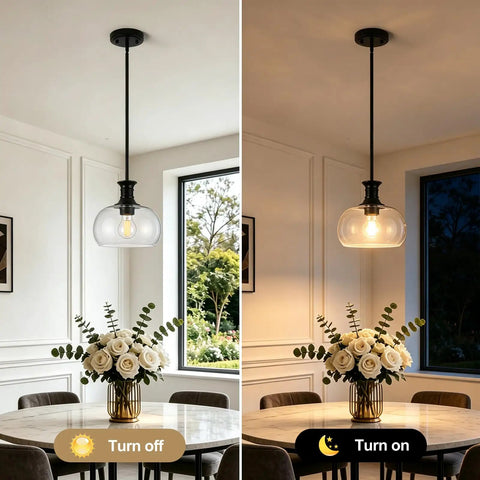 puncoll 2 PK 9 Inch Modern Black Clear Glass Pendant Light hanging in dining room, showcasing clear glass shade and black finish.