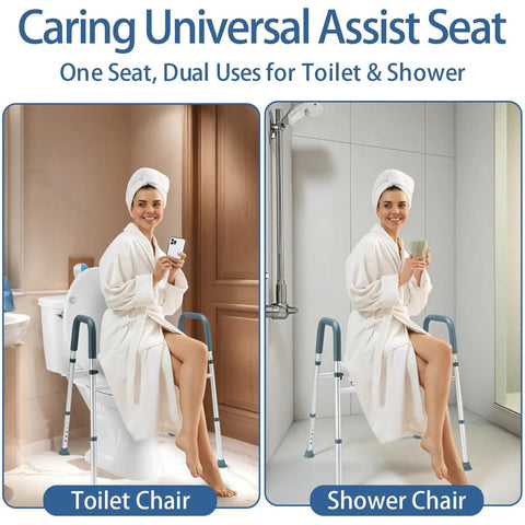 Caring Universal Assist Seat for Toilet & Shower, durable design, adjustable height for safety and comfort, ideal for elderly.