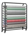 Vinyl Wrap Rack With Lockable Wheels, 12 Rods Fabric Organizer, 175cm Adjustable Storage Cart For Auto Shop And Craft Supplies, shown loaded with rolls